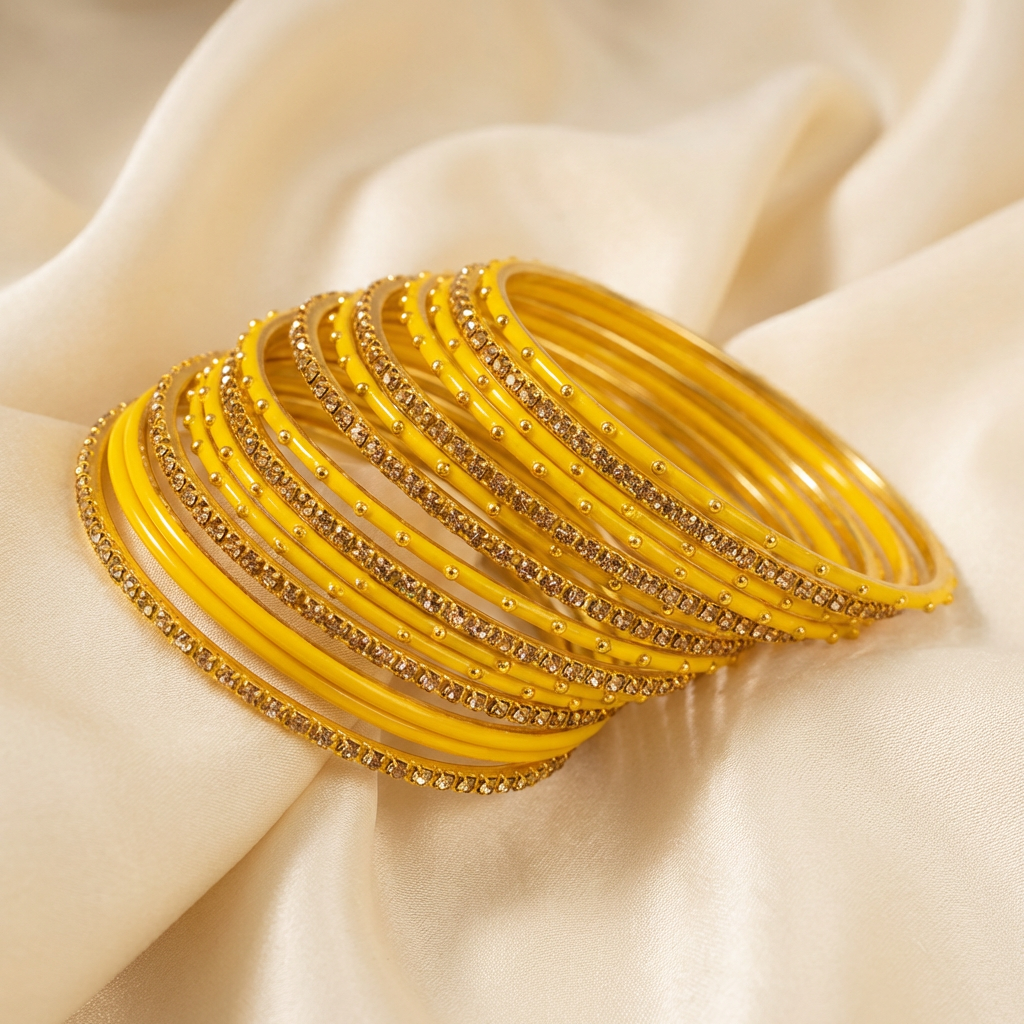 Yellow & Gold Metal Bangles with Crystal Stones set of 18