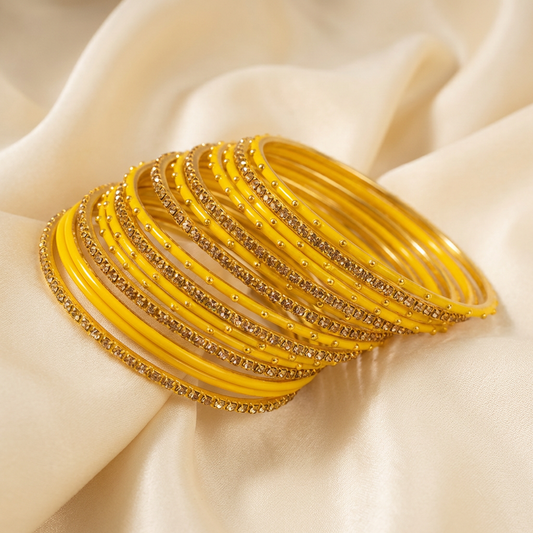 Yellow & Gold Metal Bangles with Crystal Stones set of 18