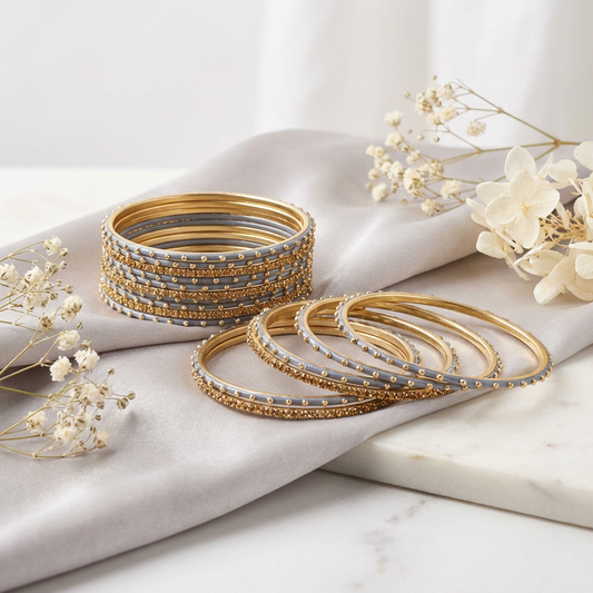 Gray & Gold Metal Bangles with Crystal Stones set of 18