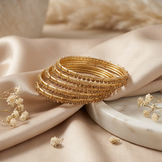 Cream & Gold Metal Bangles with Crystal Stones set of 18