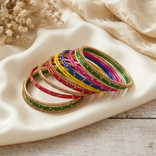 Multicolor Metal Bangles with Crystal Stones set of 18