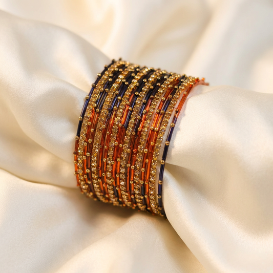 Dark Blue and Copper Metal Bangles with Crystal Stones set of 18