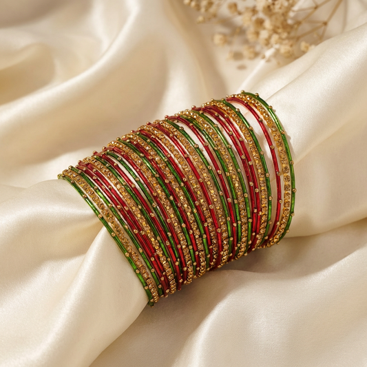Green and Red Metal Bangles with Crystal Stones set of 18