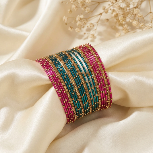 Pink and Blue Metal Bangles with Crystal Stones set of 18