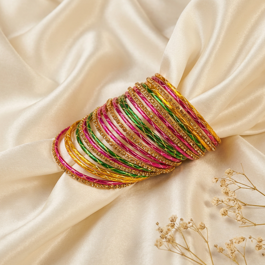 Multicolor Metal Bangles with Crystal Stones set of 18