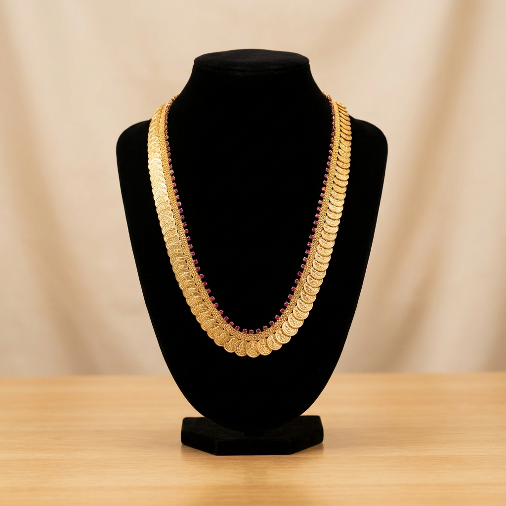 Gold Plated Kasu Mala and Ruby Necklace (20 inch)