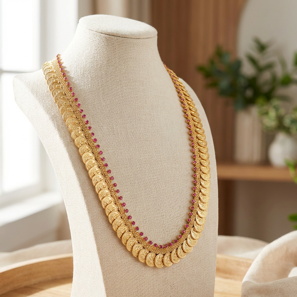 Gold Plated Kasu Mala and Ruby Necklace (20 inch)