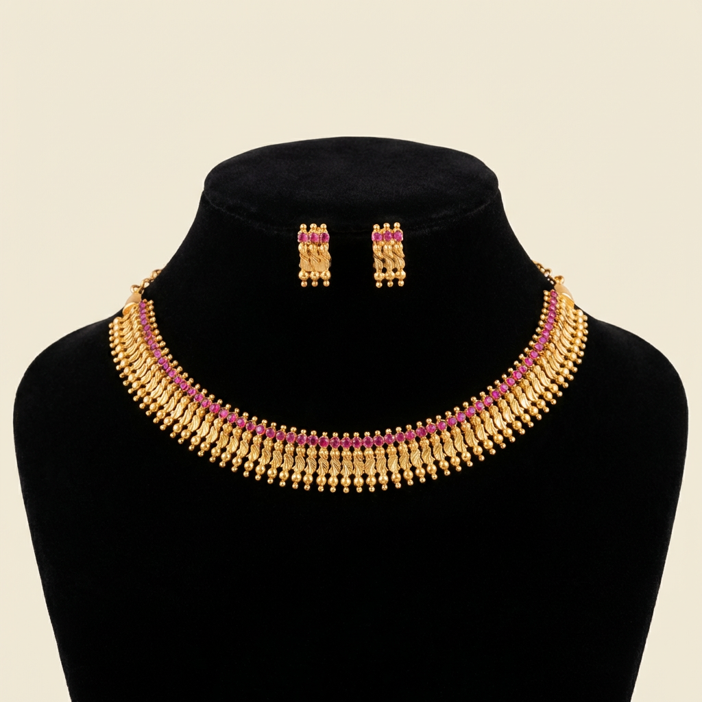 Gold plated Ilakathali choker Necklaceset with Ruby stone