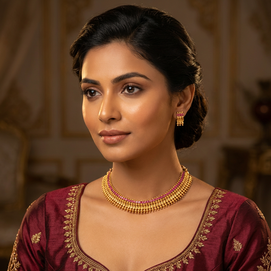 Gold plated Ilakathali choker Necklaceset with Ruby stone