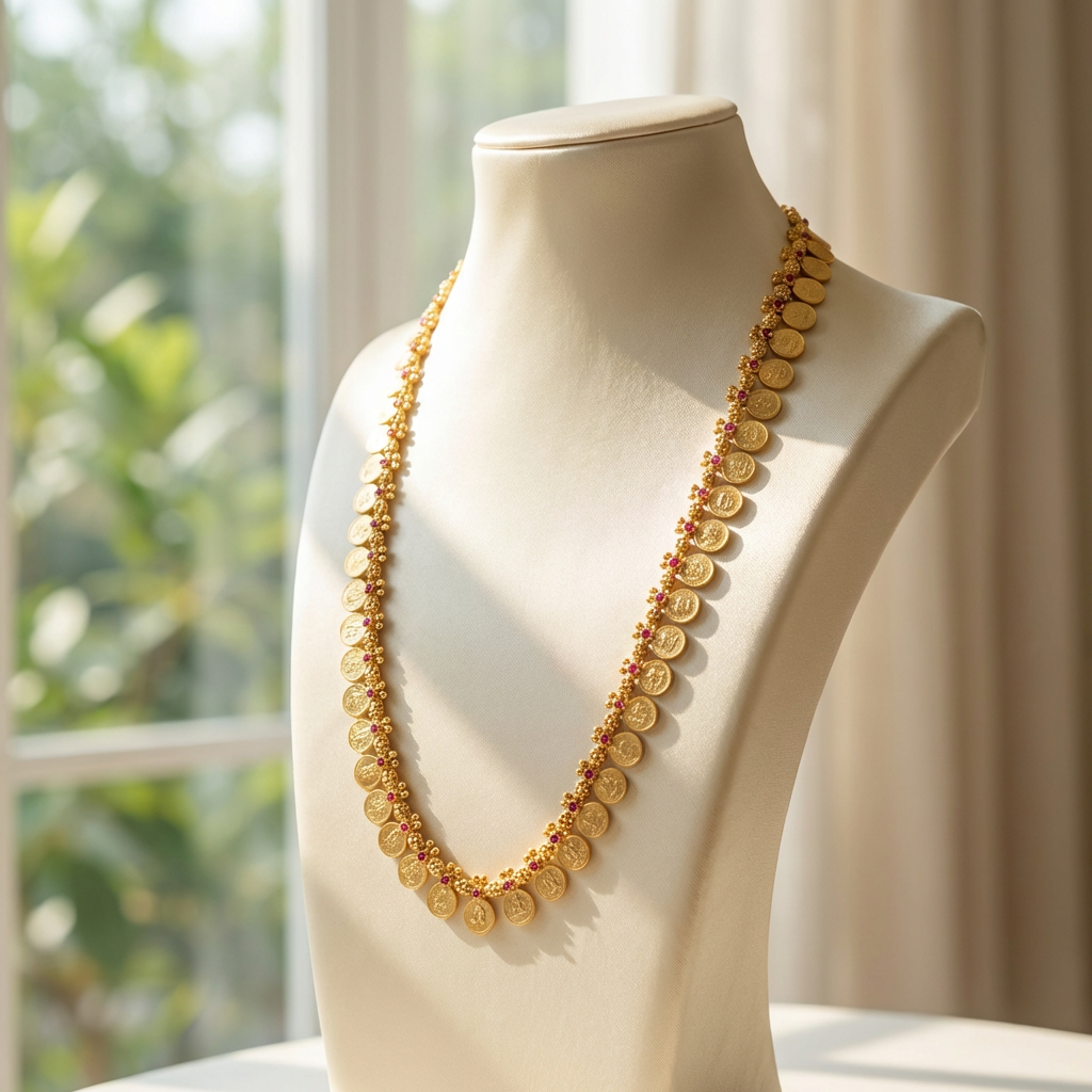 Gold Plated Kasu Mala and Ruby Necklace (20 inch)