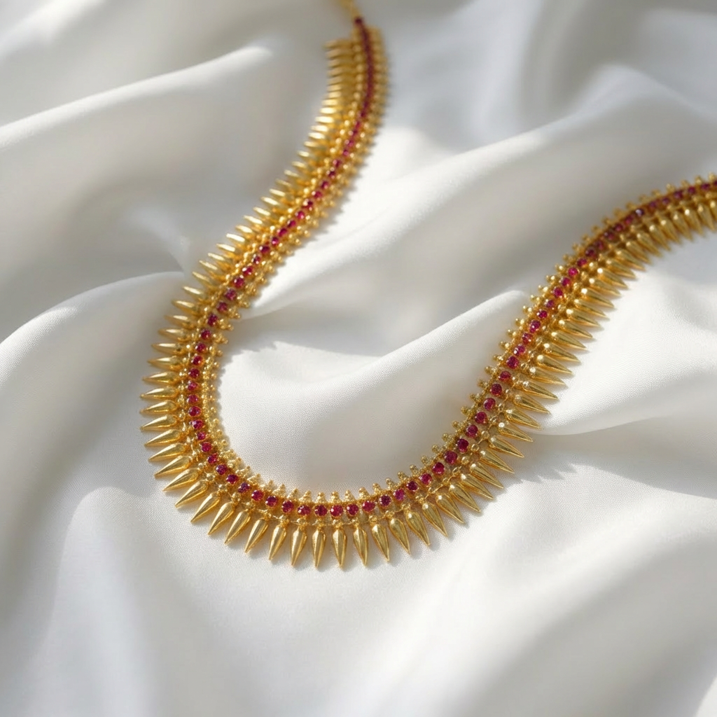 Gold Plated Mulla Muttu Necklace with Ruby stones(20 inch)