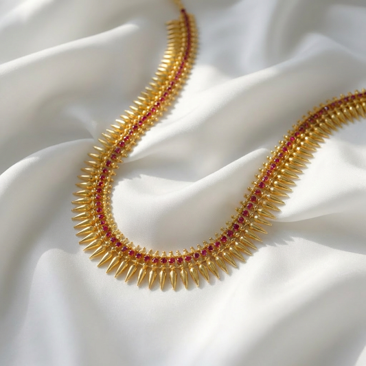 Gold Plated Mulla Muttu Necklace with Ruby stones(20 inch)