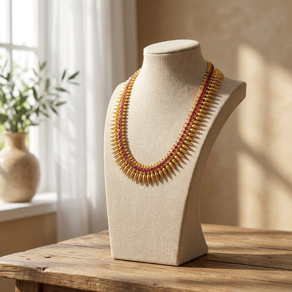 Gold Plated Mulla Muttu Necklace with Ruby stones(20 inch)