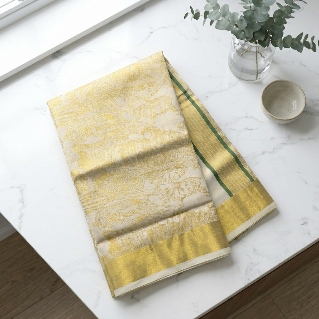 Divine Gold Premium Kerala Kasavu Saree with Radha Krishna Weave
