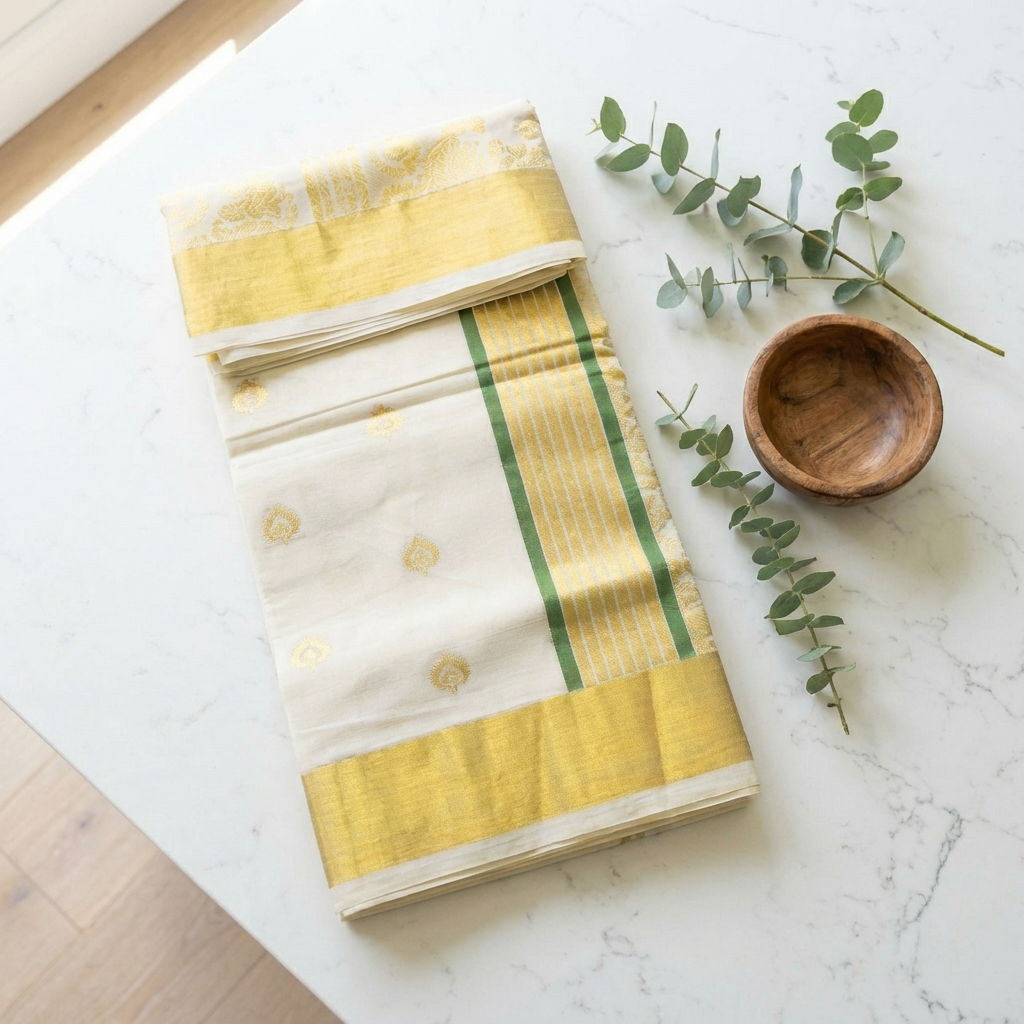 Divine Gold Premium Kerala Kasavu Saree with Radha Krishna Weave