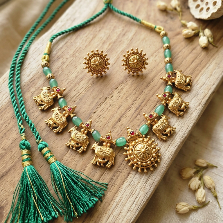 Pastel green and red beads Kamadhenu necklace set
