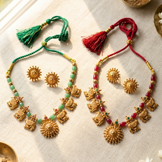 Pastel green and red beads Kamadhenu necklace set