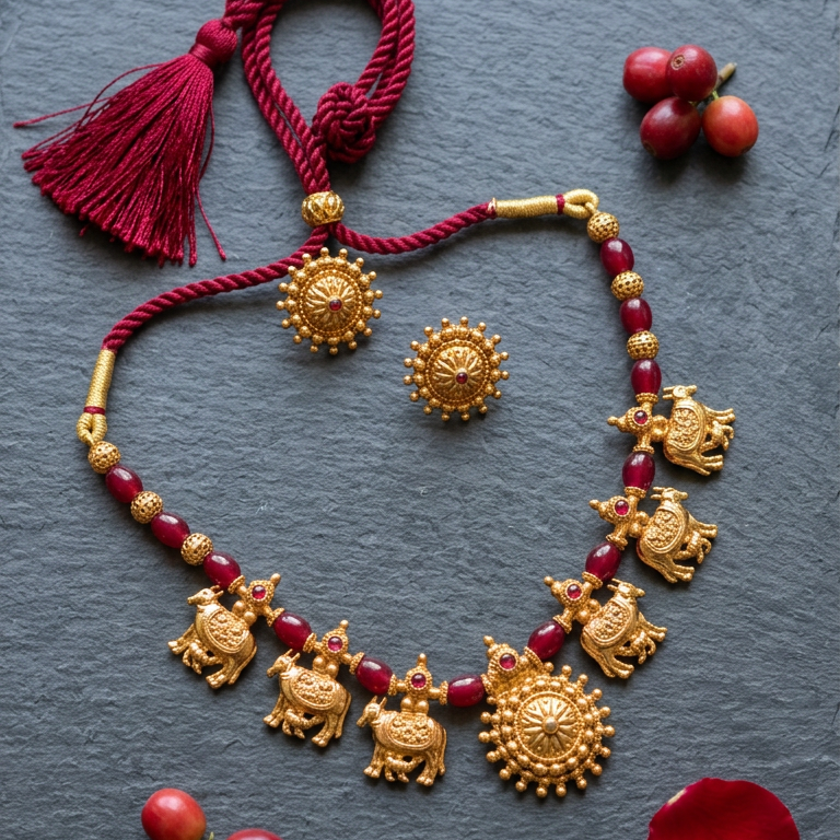 Pastel green and red beads Kamadhenu necklace set