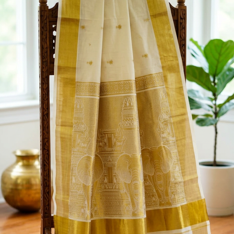 Gold Premium Cotton  Kerala Kasavu Saree with Elephant motif