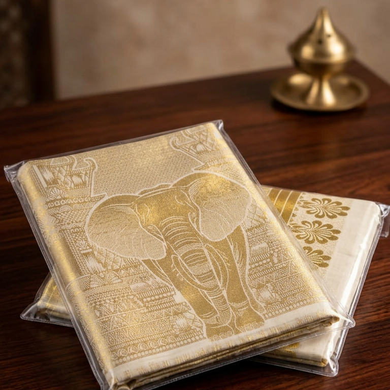 Gold Premium Cotton  Kerala Kasavu Saree with Elephant motif