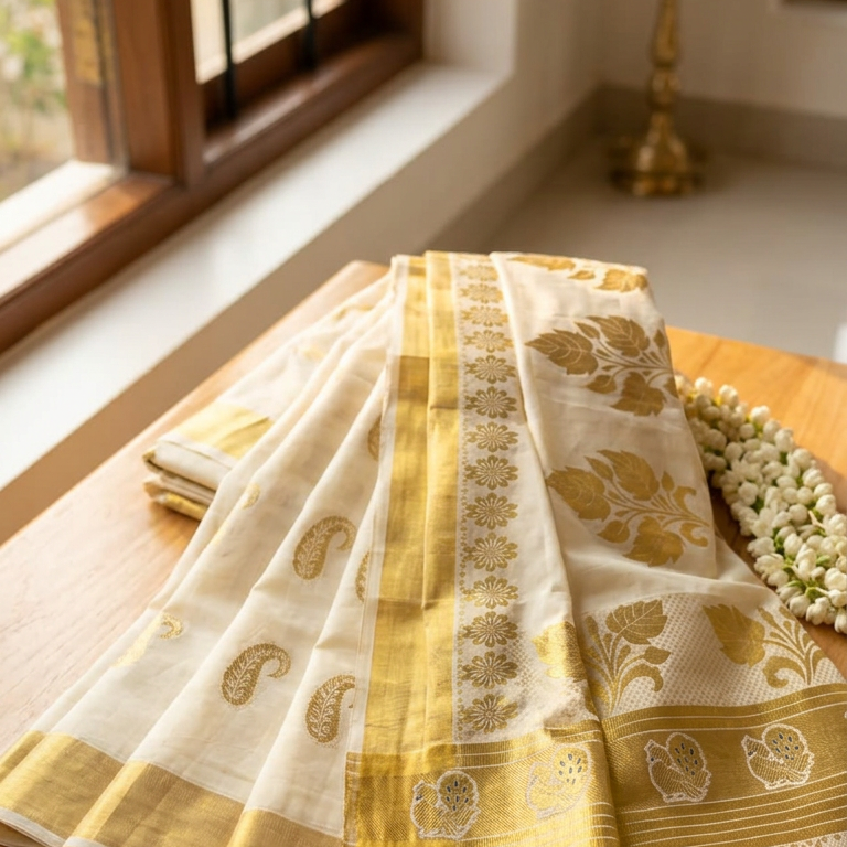 Gold Premium Cotton  Kerala Kasavu Saree with Peacock