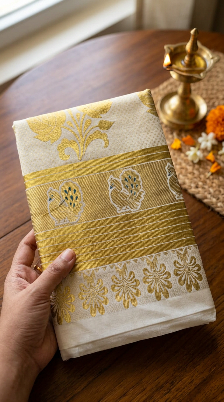 Gold Premium Cotton  Kerala Kasavu Saree with Peacock