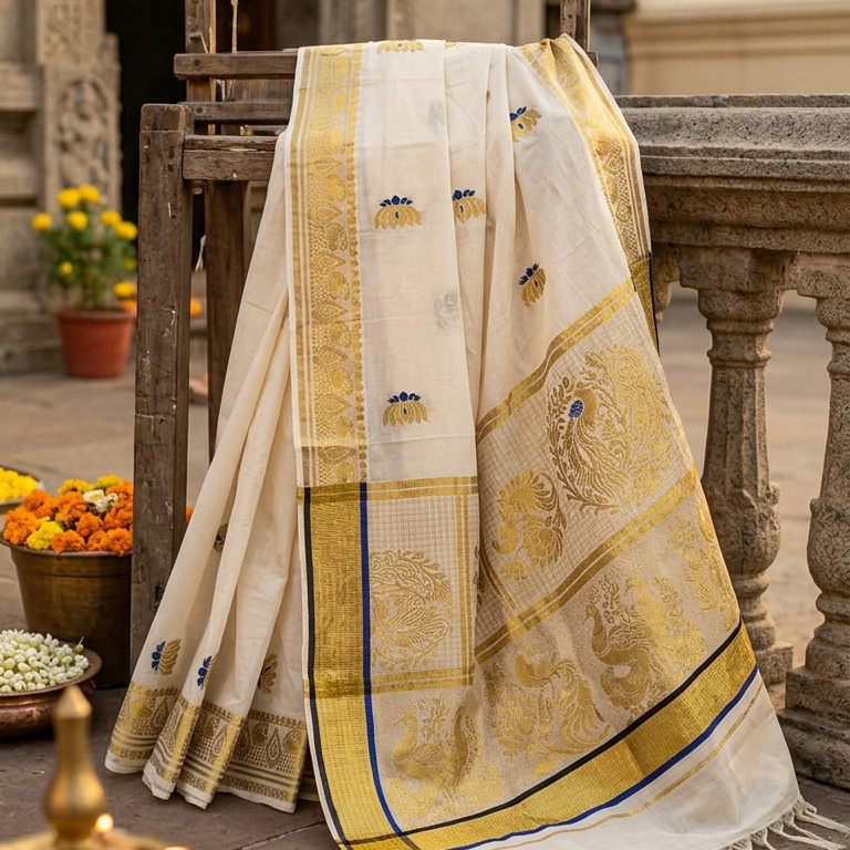 Gold Premium Cotton  Kerala Kasavu Saree with Lotus
