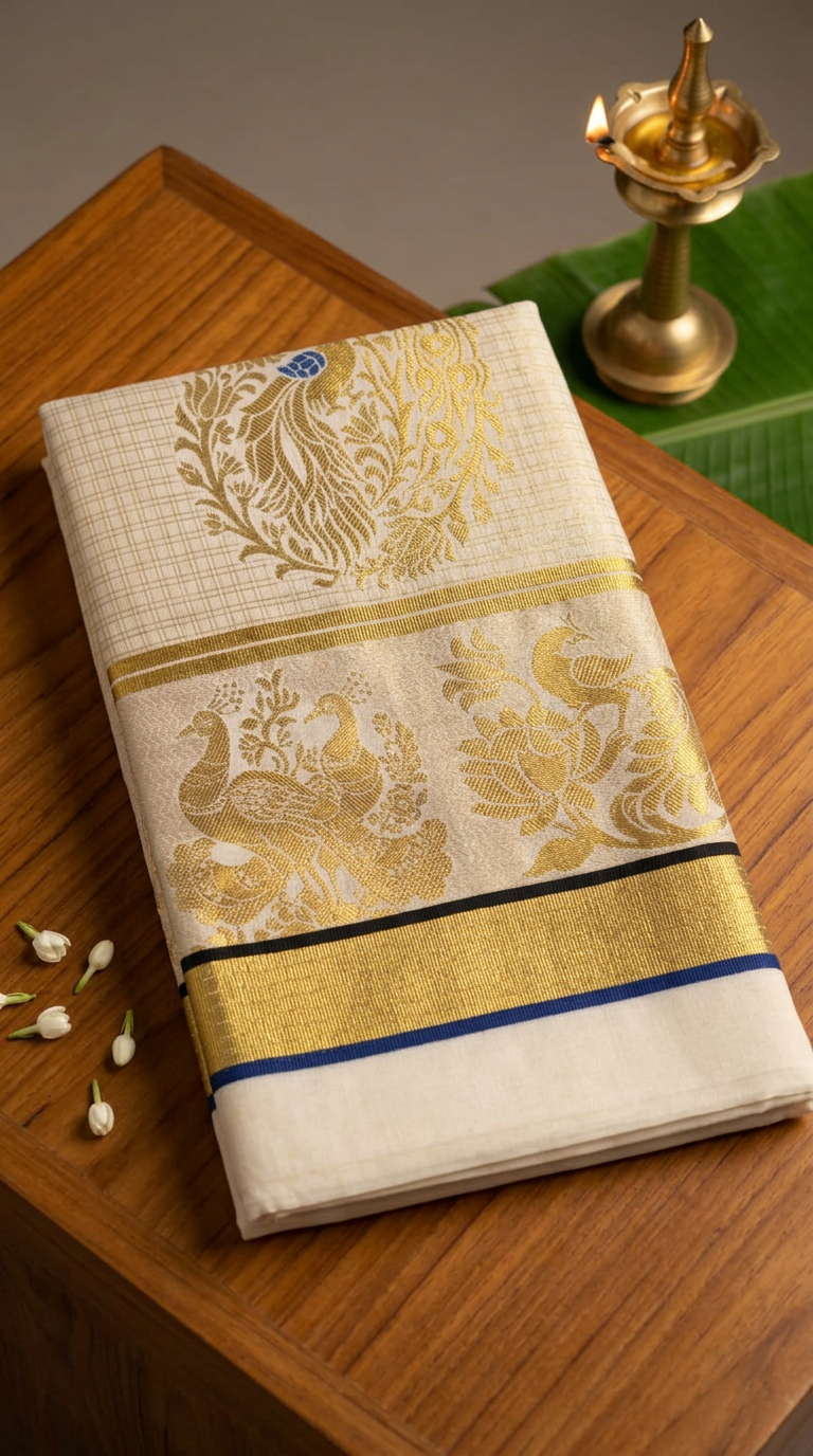 Gold Premium Cotton  Kerala Kasavu Saree with Lotus