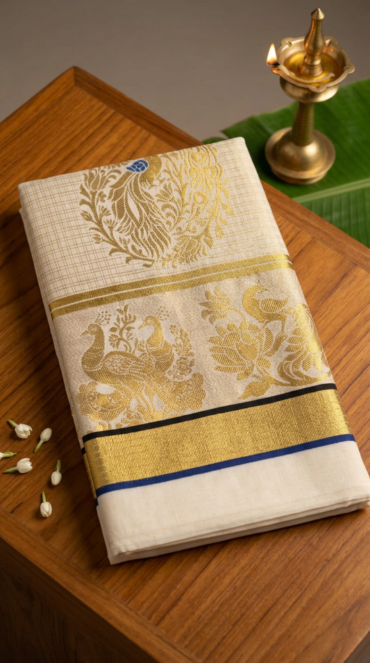 Gold Premium Cotton  Kerala Kasavu Saree with Lotus