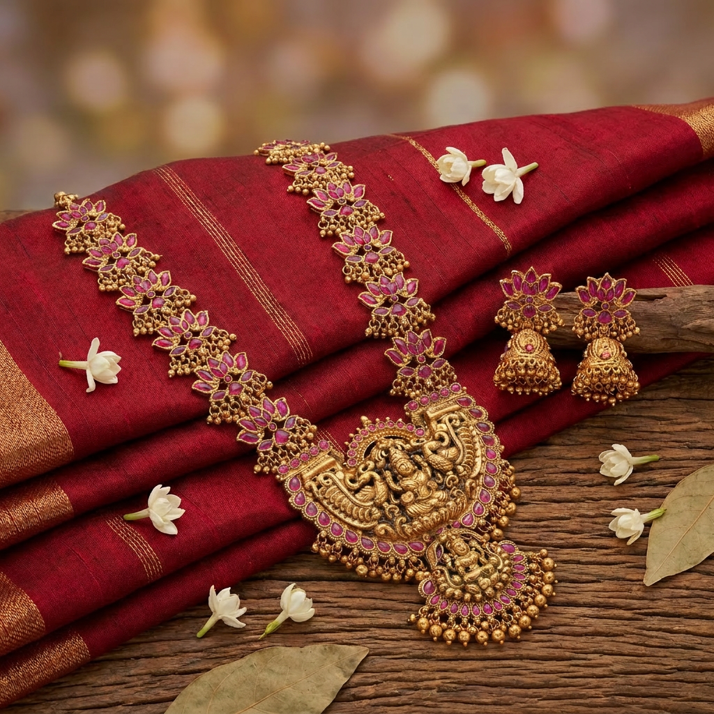 Lakshmi Lotus Necklace Set(Pink)