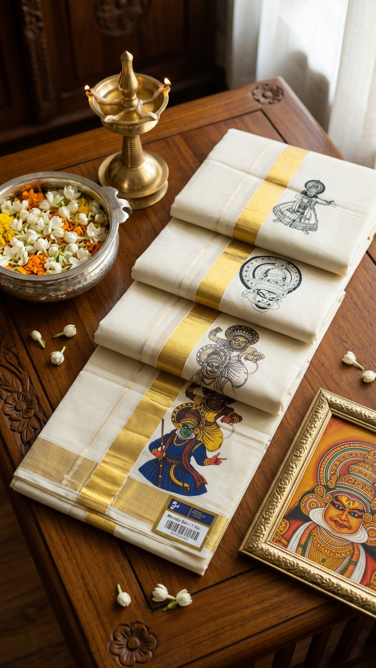 Kerala Kasavu Mundu with Kadhakali Motif
