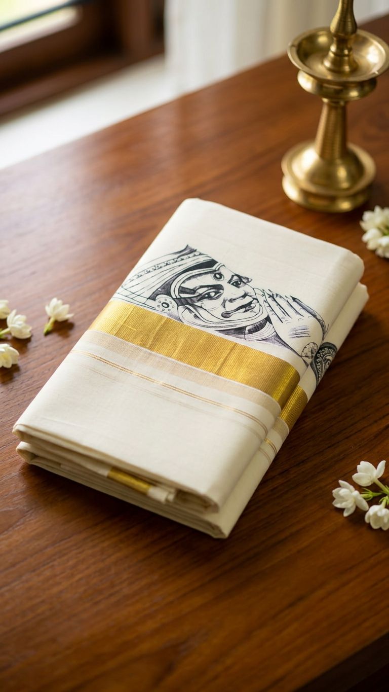 Kerala Kasavu Mundu with Kadhakali Motif
