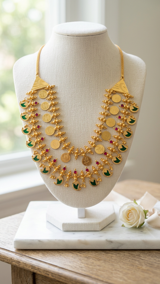 Gold Plated Layered Palaka and coin Necklace with Ruby stone