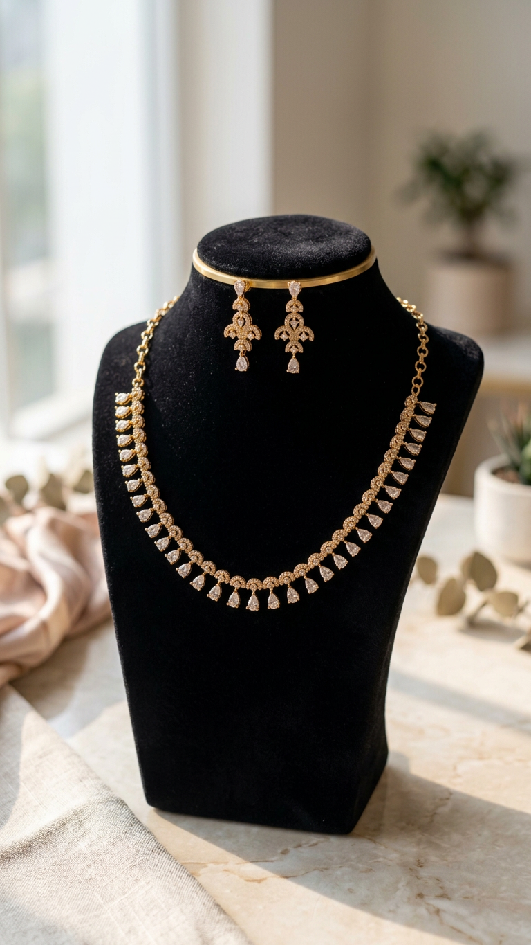 Gold Plated Necklace set with white stones
