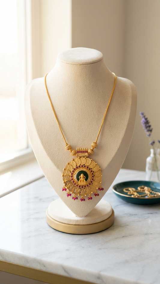 Gold Plated Lakshmi Pendant kashu mala Necklace with
