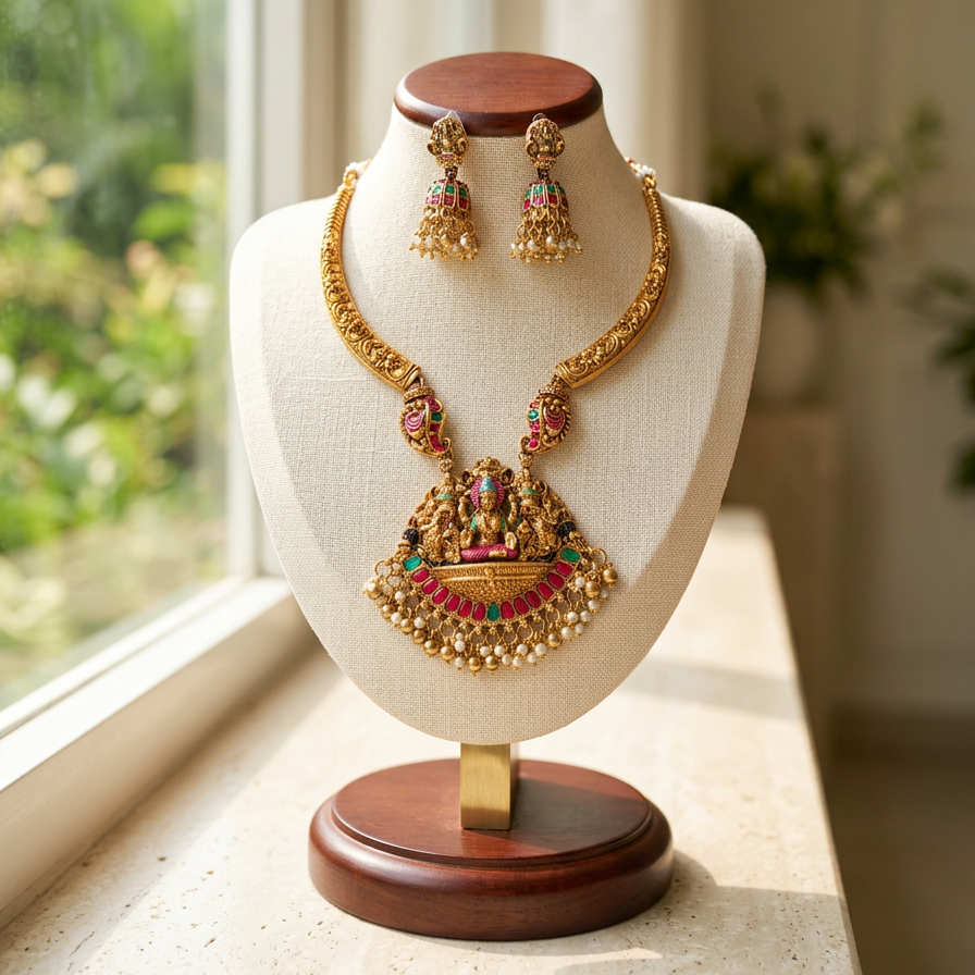 Lakshmi Pendant Meenakari short necklace set