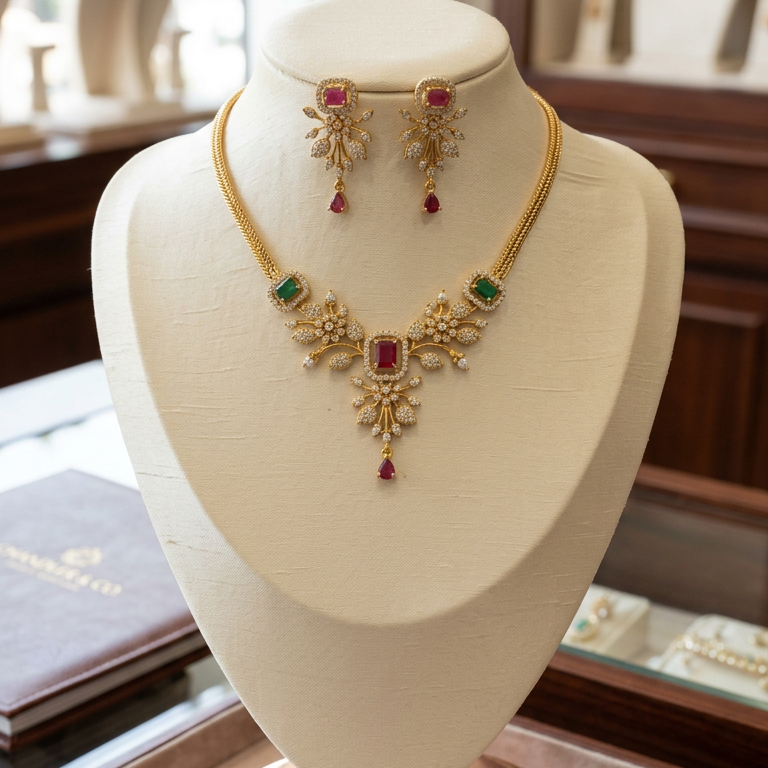 Ruby Emerald Blossom Elegance AD Necklace Set