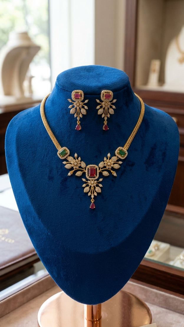 Ruby Emerald Blossom Elegance AD Necklace Set