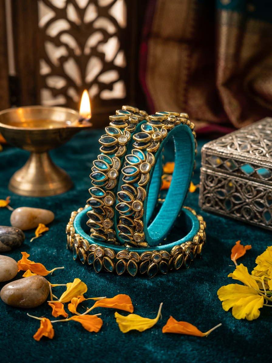 Silk Thread Lotus Kundan Bangles (Set of 2)