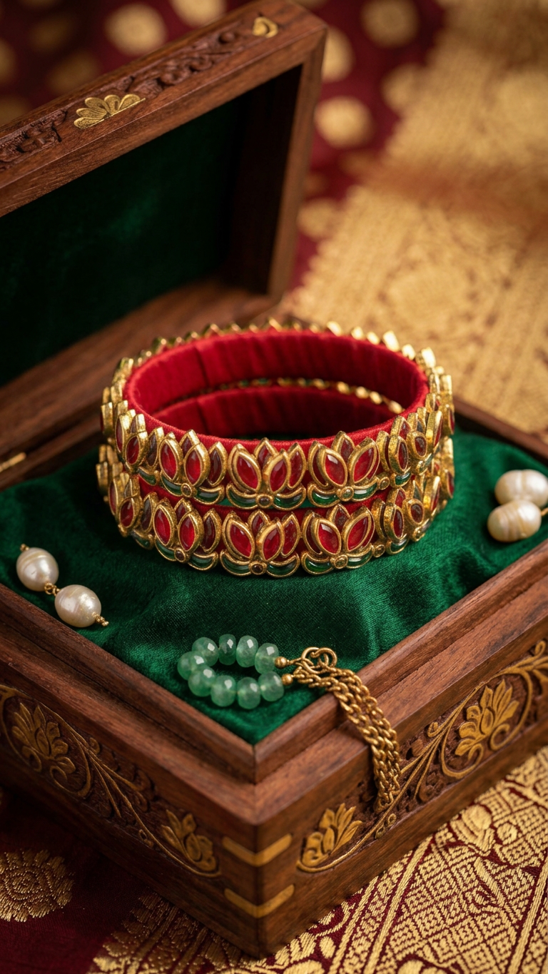 Silk Thread Lotus Kundan Bangles (Set of 2)