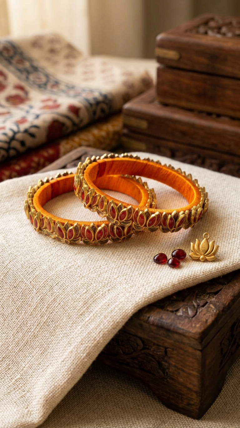 Silk Thread Lotus Kundan Bangles (Set of 2)