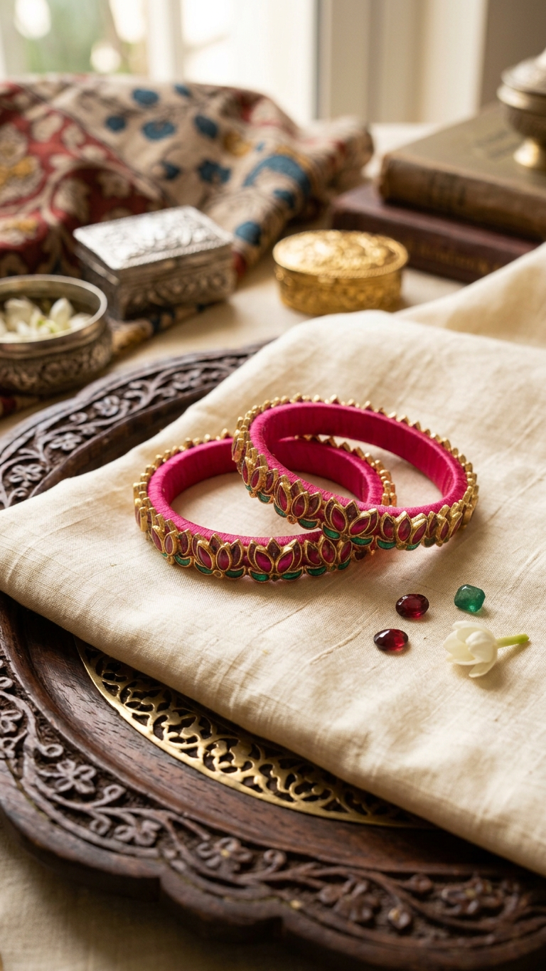 Silk Thread Lotus Kundan Bangles (Set of 2)