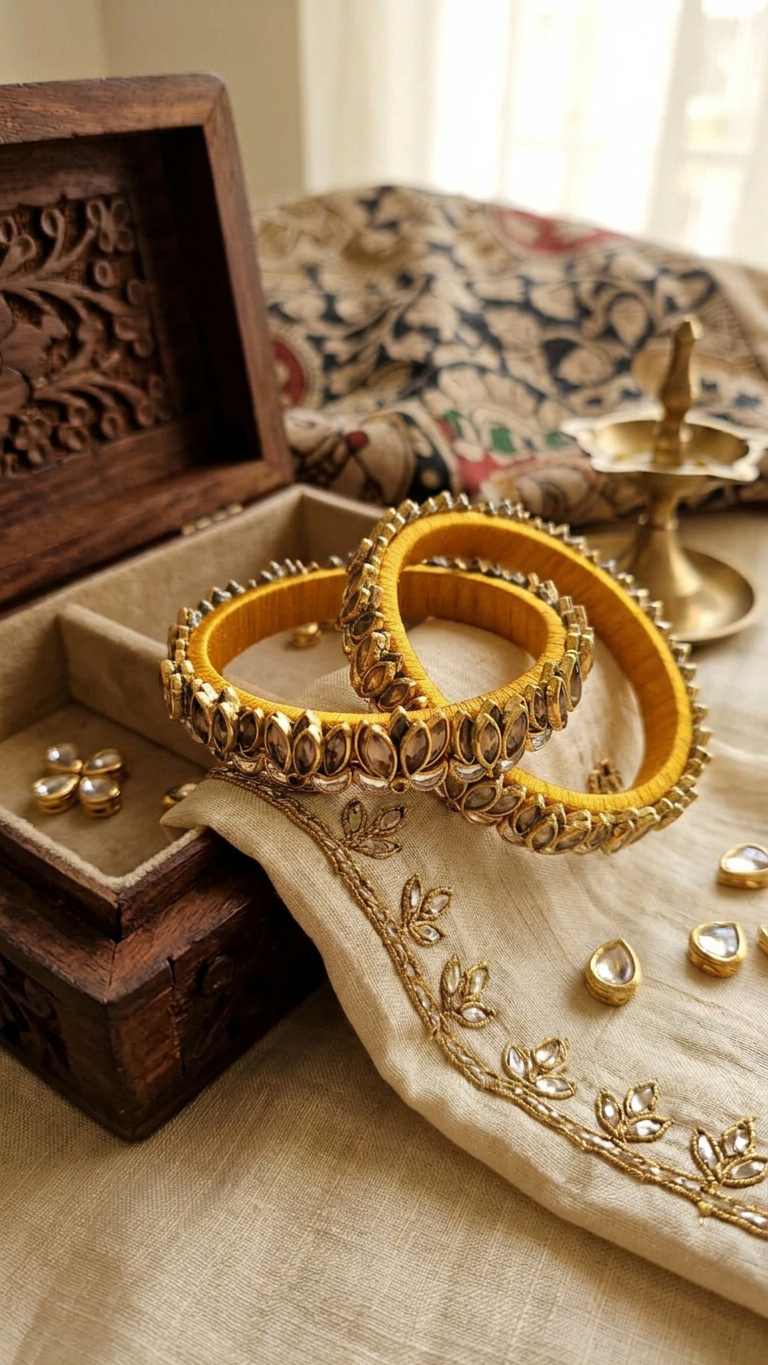 Silk Thread Lotus Kundan Bangles (Set of 2)