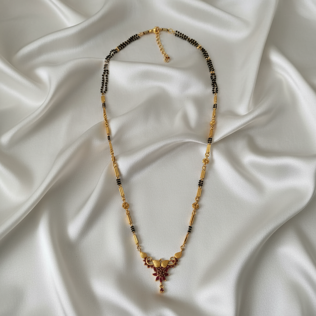 Gold Plated Long Necklace with Black Beads and Ruby stone