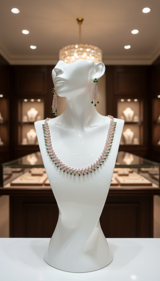 Gold Plated AD Emerald Necklace Set