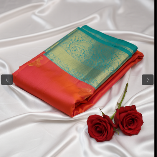 Coral Red with Green Border Pure Kanchipuram Silk Saree