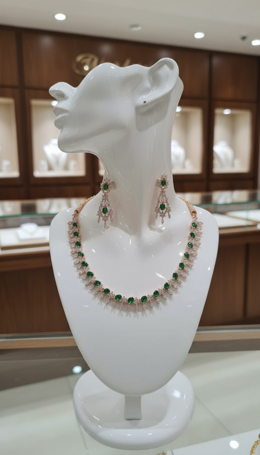 Gold Plated AD Emerald Necklace Set