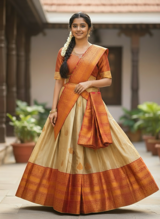 Copper Bloom Silk Davani Set (Stitched, Sleeveless – Extra Sleeve Provided)