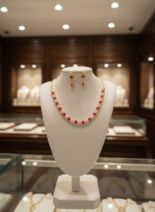 Gold Plated Ruby and Pearl Necklace Set