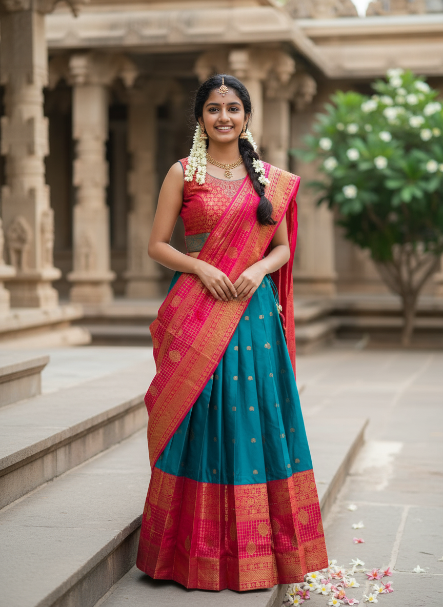 Deep turquoise and Copper Bloom Silk Davani Set (Stitched, Sleeveless – Extra Sleeve Provided)